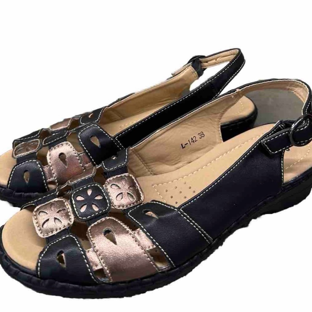 Soflex Italy Black Bronze Leather Wedge Cushioned Comfort Sandals Size 7 Shoes